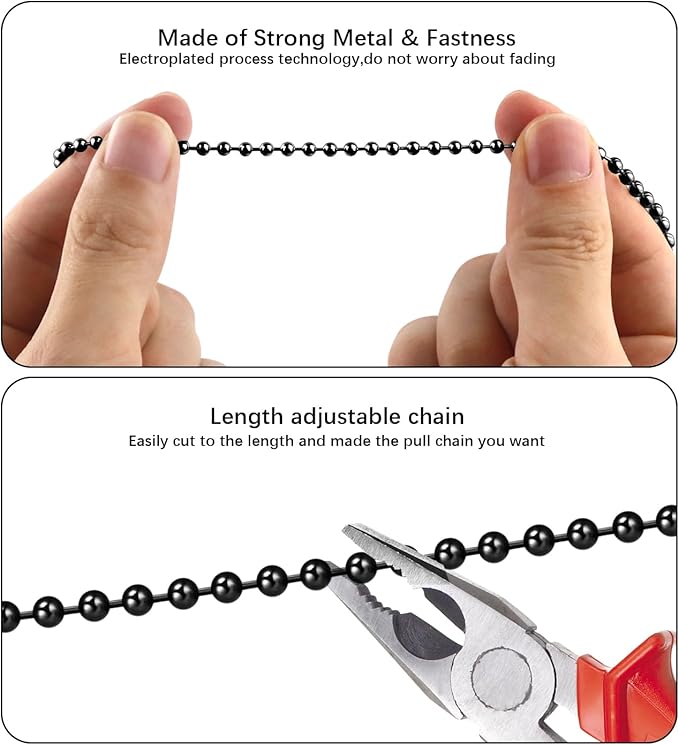 Black Ceiling Fan Pull Chain, 2Pcs 12 Inches Decorative Fan Pull Chain Ornaments Extension, 3mm Diameter Beaded Ball Fan Pull Chain Extender with Connector(2 Pack)