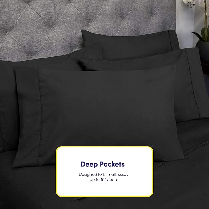 Sweet Home Collection 6 Piece 1500 Supreme Collection Brushed Microfiber Deep Pocket Sheet Set-2 Extra Pillow Cases, Great Value, Rv Short Queen, Black