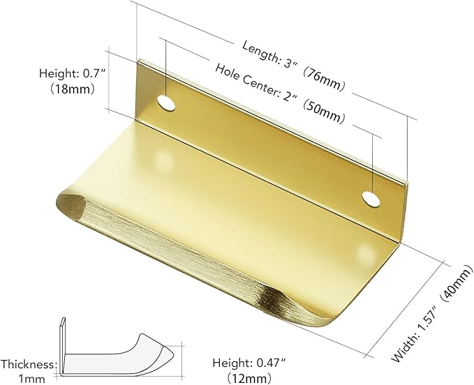 Ravinte Hardware 10 Pack Gold Cabinet Handles, 3 Inch (76mm) Finger Edge Pulls, 2 Inch Hole Center, Finger Pulls for Cabinets