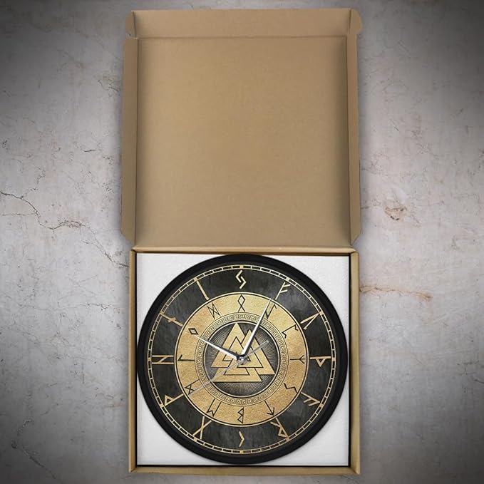 12 Inch Scandinavian Viking Design Valknut Wall Clock, Vintage Futhark Viking Runes Warrior Norse Print Wall Clock Accurate Silent Non Ticking Battery Operated for Man Cave Bedroom Farmhouse