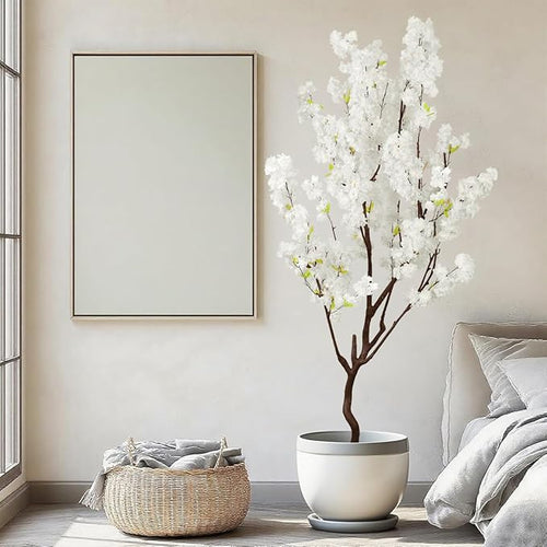 7.2ft Tall Artificial White Cherry Blossom Tree Indoor Decor, Fake Silk Flower Cherry Tree Plant Outdoor, Faux Flowering Tree Realistic for Home Living Room Front Door Office