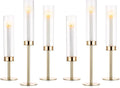 Nuptio Glass Hurricane Candle Holder: Set of 6 Gold Candlestick Holders - Long Stem Taper Candleholders for Christmas Tabletop Centerpiece Fireplace Decor Cylinder Candle Stand Windproof 14" 16" 18"