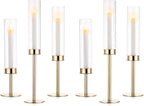Nuptio Glass Hurricane Candle Holder: Set of 6 Gold Candlestick Holders - Long Stem Taper Candleholders for Christmas Tabletop Centerpiece Fireplace Decor Cylinder Candle Stand Windproof 14" 16" 18"