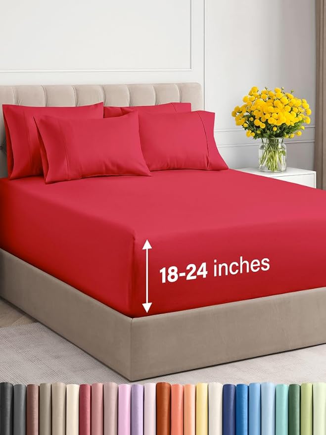 Extra Deep Cal King Sheet Set - 6 Piece Breathable & Cooling Sheets - Hotel Luxury Bed Sheets Set - Easy & Secure Fit - Soft, Wrinkle Free & Comfy Sheets Set - Red Sheet Set with Extra Deep Pockets