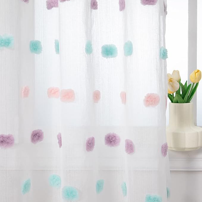 MYSKY HOME 95 Inch Curtains 2 Panels Living Room Rainbow Pom Pom Curtains for Bedroom Sliding Door Semi Sheer Boho Curtains Backdrops Dining Room Windows Drapes Rod Pocket 52 x 95 inch