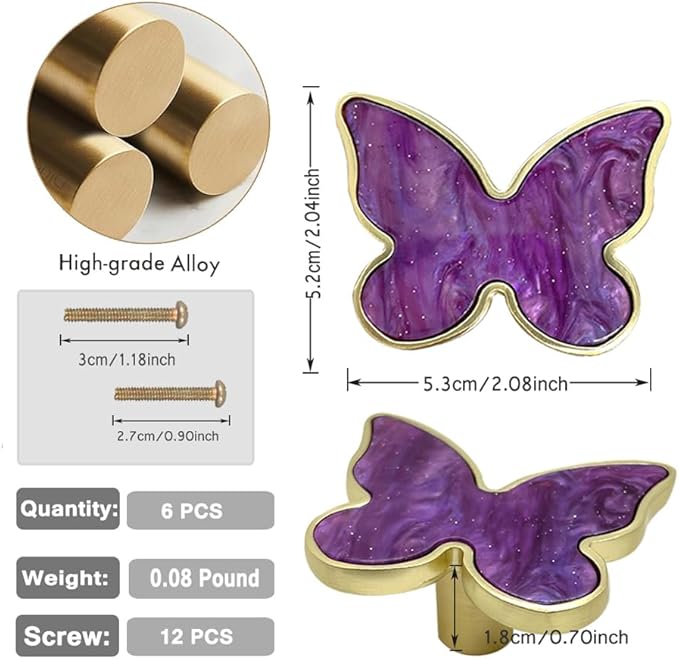 6 pcs Butterfly Shape Knobs Handle Gold Cabinet Knobs Decoration Door Handle Single Hole Handles Cabinet Drawer Dresser Kitchen Wardrobe Furniture Hardware Pulls (Purple)