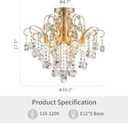 WUZUPS Crystal Chandelier Flushmount Ceiling Light Modern Lighting Fixture for Bedroom Hallway Bar Kitchen Bathroom, H 17.5'' x W 19.3'', E12 Base, Gold