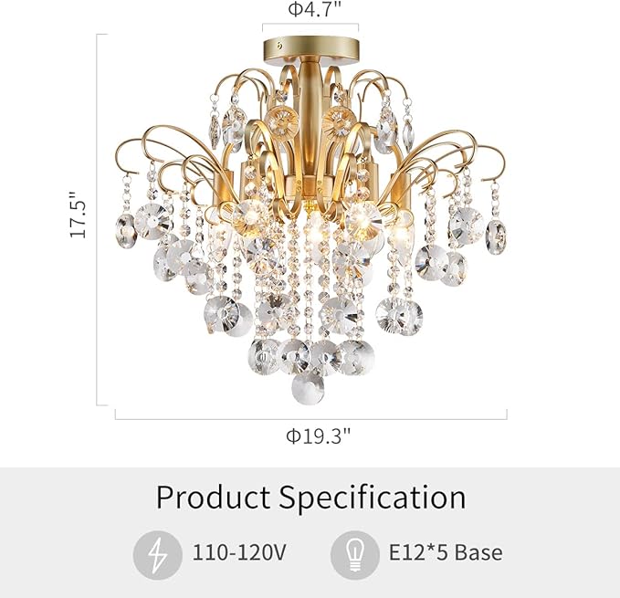 WUZUPS Crystal Chandelier Flushmount Ceiling Light Modern Lighting Fixture for Bedroom Hallway Bar Kitchen Bathroom, H 17.5'' x W 19.3'', E12 Base, Gold