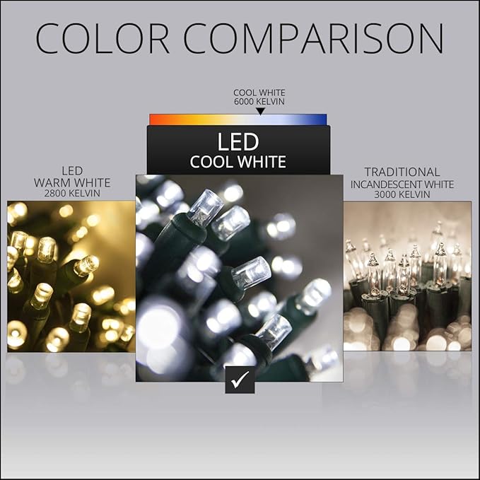 5mm LED Wide Angle Cool White Prelamped Light Set, Green Wire - 50 LED Cool White Wide Angle, Flicker Free Style Light Set, Green Wire, 4" Spacing
