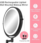 Rechargeable Wall Mounted Lighted Makeup Mirror, 8" Double-Sided Magnifying Vanity Mirror 1X/10X, 3 Color Touch Screen Dimmable Shaving Mirror, 360° Rotation Foldable Bathroom Mirror, Black