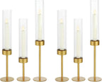 Glass Hurricane Candle Holders Set (6pcs)-Gold Metal Base Taper Candle Stick Holders for Candlesticks Holder Decor, Elegant Dining Table Centerpiece for Wedding, Christmas & Home Decor-Ribbed Glass