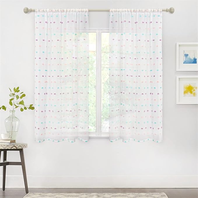 MYSKY HOME 45 Inches Kitchen Curtains Small Window Curtains for Bathroom Cafe Bedroom Rainbow Pom Pom Sheer Curtains for Nursery Room Rod Pocket 2 Pieces Drapes 38 x 45 inch Length