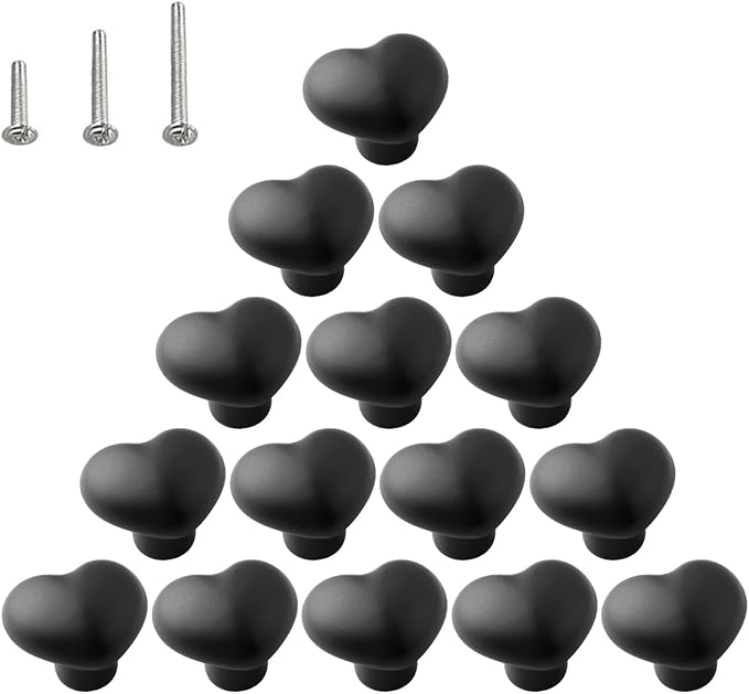 HUAMULAN 15PCS Semi Glossy Ceramic Knobs Heart Shape Cabinet Dresser Pulls Door Handles Cupboard Wardrobe Drawer,Semi Dull Black