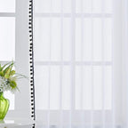 Treatmentex Sheer White Curtains with Black Pom Pom Curtains 84" Long Linen Textured Look Decorative Window Drapes Navy 52" w 1Pair