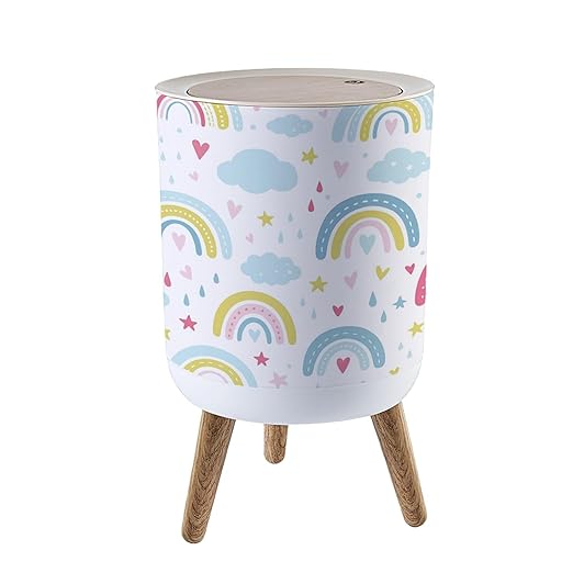 Small Trash Can with Lid Rainbow Seamless Hand Drawn Rainbow Cartoon Scandinavian Style for Garbage Bin Pet Proof Waste Basket for Kitchen Bathroom Office Bedroom Decorative 1.8 Gallon