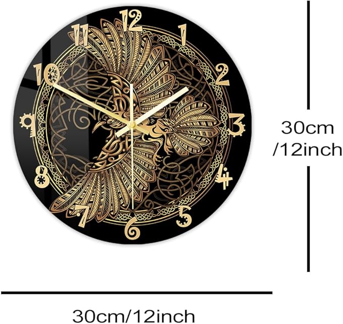 12 Inch Scandinavian Tattoo Odin's Celtic Raven Wall Clock, Norse Viking Man Cave Wall Clock Runic Symbols Crow Vintage Decorative Silent Non Ticking Battery Wall Watch Clock for Living Room
