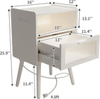 Mid Century Modern Nightstand with Charging Station, Bedside Tables with Glass Drawer, End Table Side Table with 2 Tiers Storage Space, for Bedroom, Living Room, White