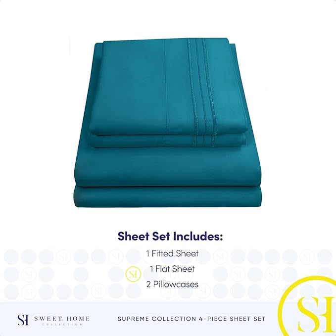 RV Queen Bed Sheets - Breathable Luxury Sheets with Full Elastic & Secure Corner Straps Built In - 1800 Supreme Collection Extra Soft Deep Pocket Bedding Set, Sheet Set, RV Short Queen, Teal