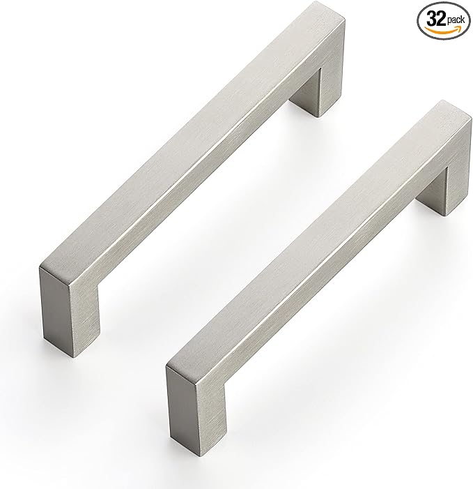 Ravinte 32 Pack 4-1/2 Inch Kitchen Square Cabinet Handles Satin Nickel Pulls Brushed Nickel Kitchen Cabinet Hardware Handles for Cupboard Drawer Pulls