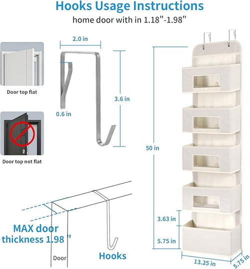 5-Shelf Over The Door Hanging Organizer with 2 Metal Hooks，5 Pocket Over The Door Wall Mount Storage with Clear Windows for Baby Nursery Bathroom Closet,Bedroom,Dorm(Beige-2 Pack)