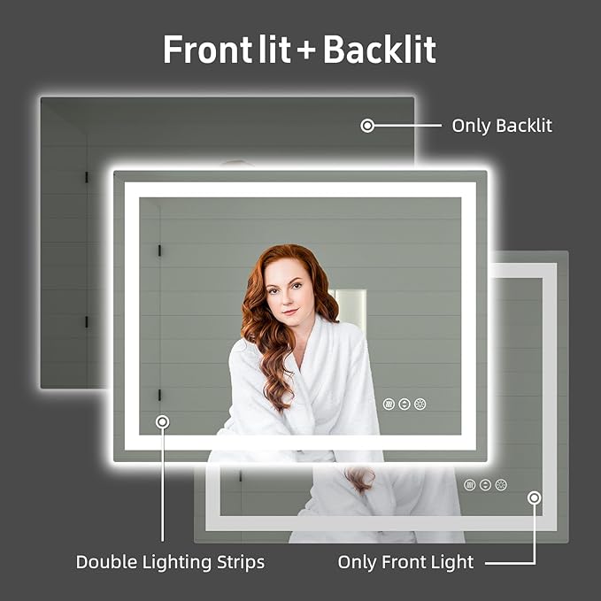 LED Bathroom Mirror 44"x 36", Double Lighting Sources Dimmable, Front and Backlit Bathroom Mirror with Lights, Anti-Fog Lighted Bathroom Vanity Mirror, Tempered Glass (Horizontal/Vertical)