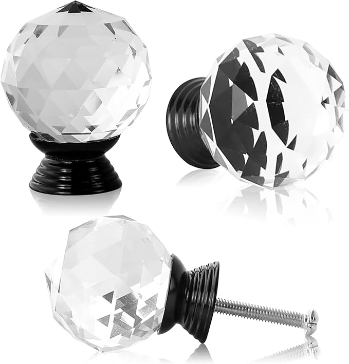 12 Pcs 30mm Round Shape Crystal Glass Cabinet Knobs with Screws Drawer Knob Pull Handle Used for Kitchen, Dresser, Door, Cupboard(Black B Clear)