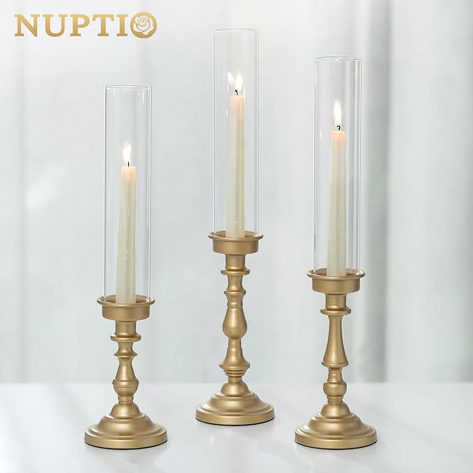 NUPTIO Hurricane Candle Holder for Centerpiece: Set of 3 Gold Candlestick Holders with Glass Shade - Vintage Taper Candleholder for Christmas Dining Table Fireplace Mantle Decor