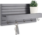 Decorative Key Holder for Wall with Shelf, Entryway Shelf with Hooks Holds Leashes, Jackets and Glasses – Sturdy Wood Keyholder Entrance Hanger with Mounting Hardware (Gray, Medium)
