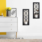 Wood Wall Sconce Candle Holder Set 2, Rustic, Wall-Mount, Farmhouse Hanging Wall Décor, Carved Wood Frame, Mirrored Candle Holder (Black)