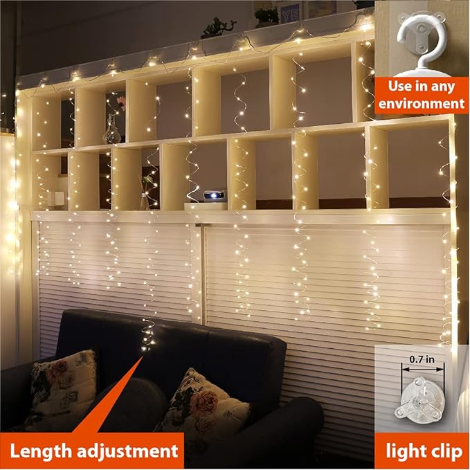 ZSJWL 300 LED Curtain Fairy Lights with Remote, 8 Modes 9.8 × 9.8 Ft Curtain String Light USB Plug in, Twinkle Copper Wire Lights for Bedroom Window Chrismas Wedding Party, Warm White