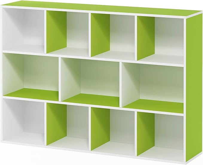 Furinno LUDER Book Shelf, 11-Cube Bookshelf, Reversible Bookcase, 9.4" x 29.1" x 41.7", for Living Room, Bedroom, Home Office, White/Green