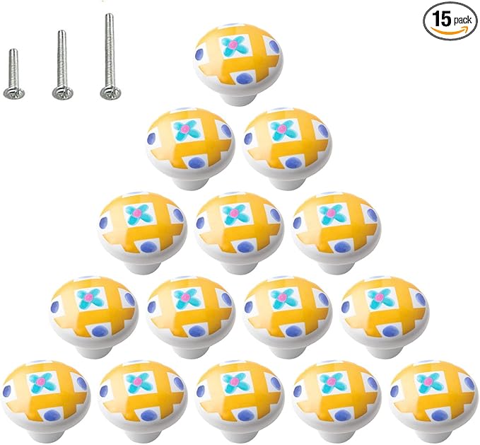 HUAMULAN 15PCS Glossy Ceramic Knobs Button Round Mushroom Cabinet Dresser Vintage Pulls Door Handles Cupboard Wardrobe Drawer, Dia. 1.5 inch 38mm