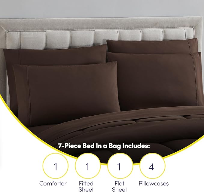 Sweet Home Collection 7 Piece Comforter Set Bag Solid Color All Season Soft Down Alternative Blanket & Luxurious Microfiber Bed Sheets, Brown, Queen