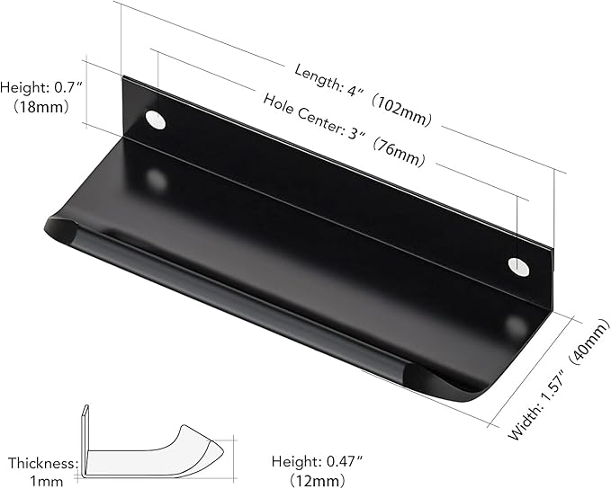 Ravinte Hardware 10 Pack Black Cabinet Handles, 4 Inch (102mm) Finger Edge Pulls, 3 Inch Hole Center, Finger Pulls for Cabinets