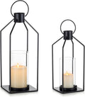 Nuptio Decorative Lantern Candle Holder: 2 Pcs Glass Hurricane Pillar Candles Holders Rustic Black Metal Hanging Lanterns Decor for Outdoor Wedding Farmhouse Home Fireplace Christmas Halloween