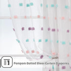 MYSKY HOME Living Room Curtains for Window Rainbow Pom Pom Curtains 120 Inch Length Long for Bedroom Set of 2 Semi White Sheer Curtains Parties Farmhouse Rod Pocket Boho Backdrops 37" x 120"