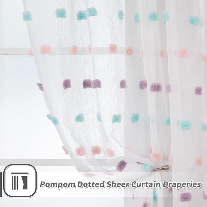 MYSKY HOME Rainbow Pom Pom Curtains for Bedroom, Living Room & Nursery - Set of 2, 63 Inch Length, Sheer, Rod Pocket, Farmhouse Style, 52 x 63 inch