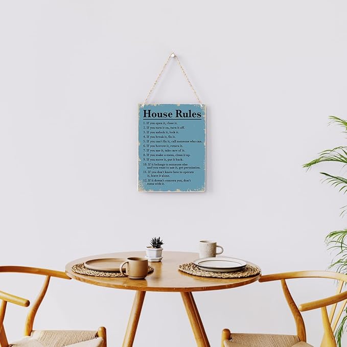 House Rules Wooden Hanging Sign, Farmhouse Living Room Home Decor Wall Art, Inspirational Family Quote, 8 x 10 Inches