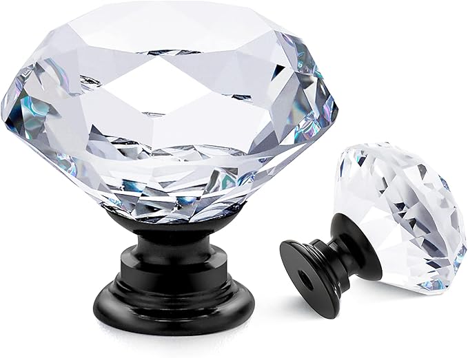 Ravinte 15 Pack Crystal Drawer Knobs - Glass Cabinet Knobs, Diamond Shaped, 30 mm with Black Base
