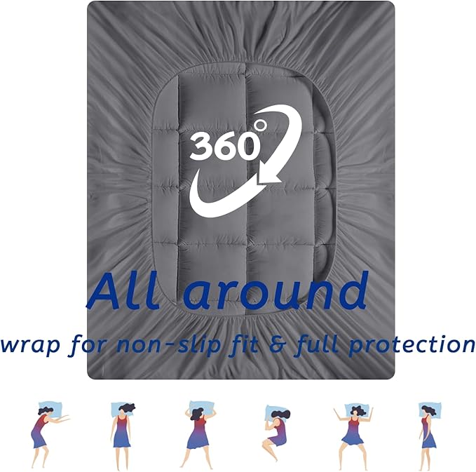 Queen Size Mattress Topper for Back Pain, Cooling Extra Thick Mattress Pad Cover with 8-21 inch Deep Pocket, Plush Pillow Top Mattress Topper Overfilled with Down Alternative, Queen Size, Dark Grey