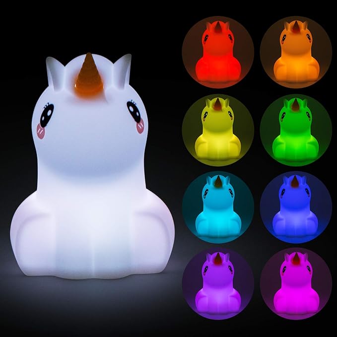 Night Lights Unicorn Nursery Lamp, Children Silicone Bedside Lighting Decorative Bedroom - Eye Caring, Adjustable Brightness & Color, Time Setting, Children's Gift Birthday Presents - Medium