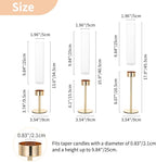 NUPTIO Candle Stick Holder for Wedding: 18 Pcs Tall Hurricane Gold Candles Holder with Clear Glass Chimney Cover - Tapered Candlestick Decor Bulk for Party Centerpiece