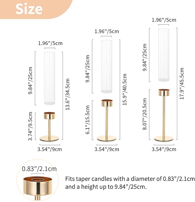 NUPTIO Candle Stick Holder for Wedding: 18 Pcs Tall Hurricane Gold Candles Holder with Clear Glass Chimney Cover - Tapered Candlestick Decor Bulk for Party Centerpiece