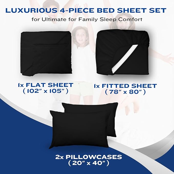 DREAMCARE California King Sheet Sets - Cooling Bed Sheets - 4pcs Set - up to 15" Deep Pocket Cal King Sheets - California King Sheets - Soft & Lasting 100% Brushed Polyester with Side Pocket - Black