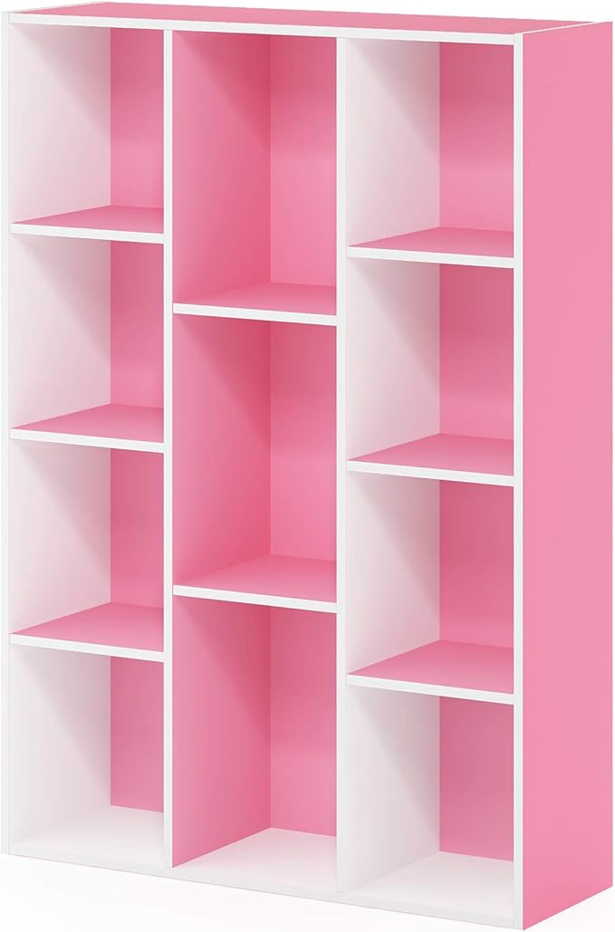 Furinno LUDER Book Shelf, 11-Cube Bookshelf, Reversible Bookcase, 9.4" x 29.1" x 41.7", for Living Room, Bedroom, Home Office, White/Pink