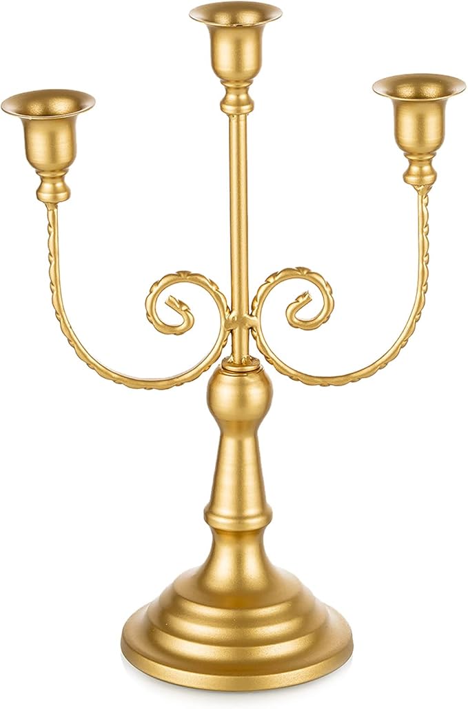 Romadedi Candelabra Gold Candle Holders - 3 Arm 11.8" Wedding Candlestick Holder for Theme Party Table Centerpiece Decor Dining Room Birthday Holiday Christmas