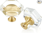 QOGRISUN 15-Pack Brass Crystal Cabinet Knobs,Glass Crystal Gold Drawer Knobs,1-5/16-Inch Hexagon,Decorative Dresser Pulls, Modern Cabinet Hardware
