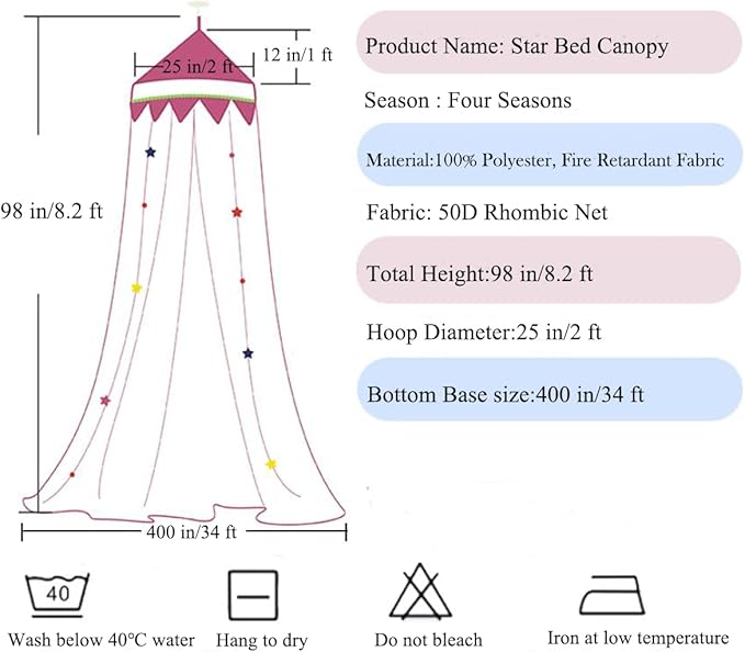 Bed Canopy with Lights for Girls,Gold Star Princess Crib Canopy Curtains,Extra Large Dome Mosquito Net Reading Nook Canopy for Kids Boys Twin Full Queen Size Bed,Fire Retardant Fabric