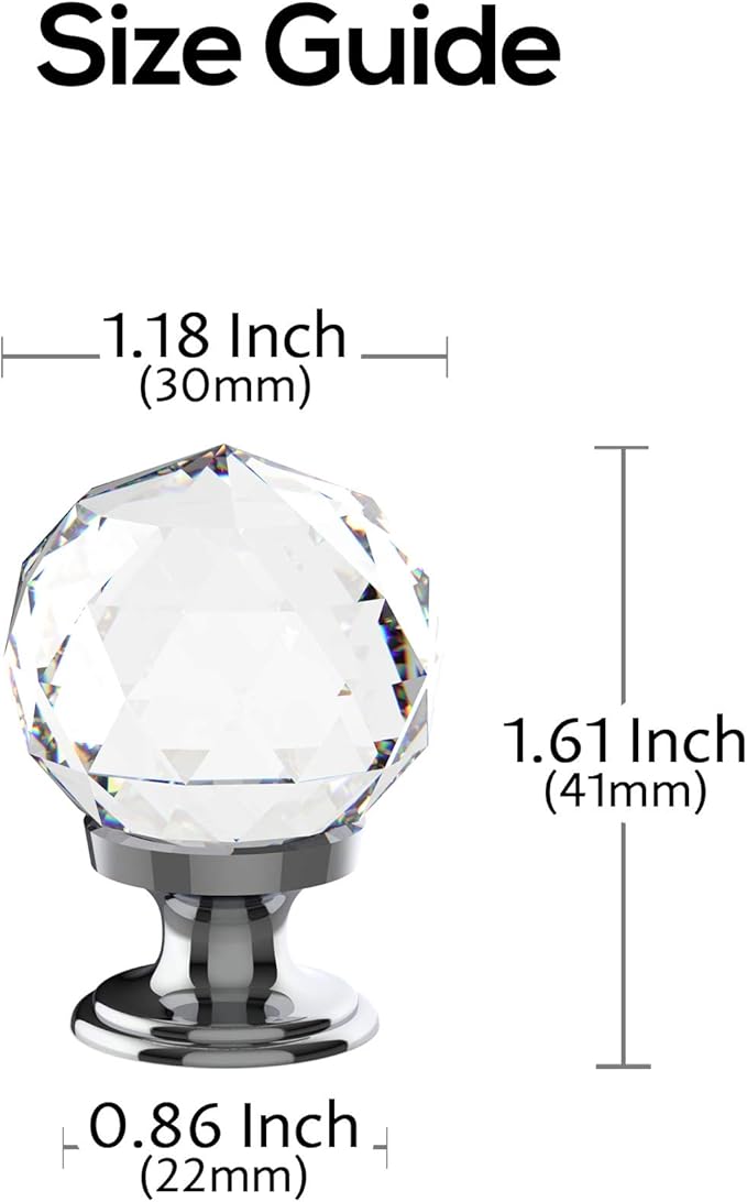 Alzassbg 6 Pack Clear Crystal with Chrome Plated Drawer Knobs, 1-1/5 Inch(30mm) Cabinet Knobs Round Diamond Crystal Knobs for Drawers AL1002CP