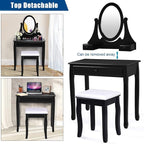 Giantex Vanity Set with Oval Mirror and Cushioned Stool, Makeup Dressing Table with 3 Drawers, Modern Bathroom Bedroom Makeup Organizer Vanity Table for Women Girls Gifts (Black)